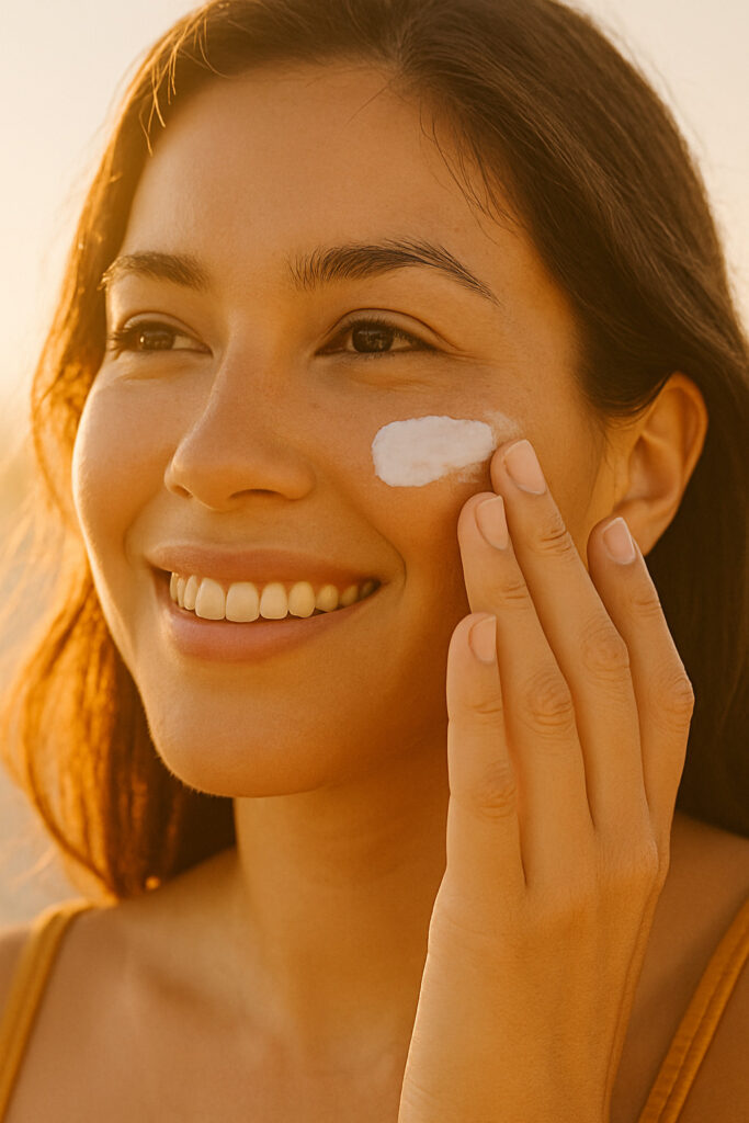Cómo Armar tu Rutina de Skincare Desde Cero 5 Protector solar aplicado en mejilla femenina