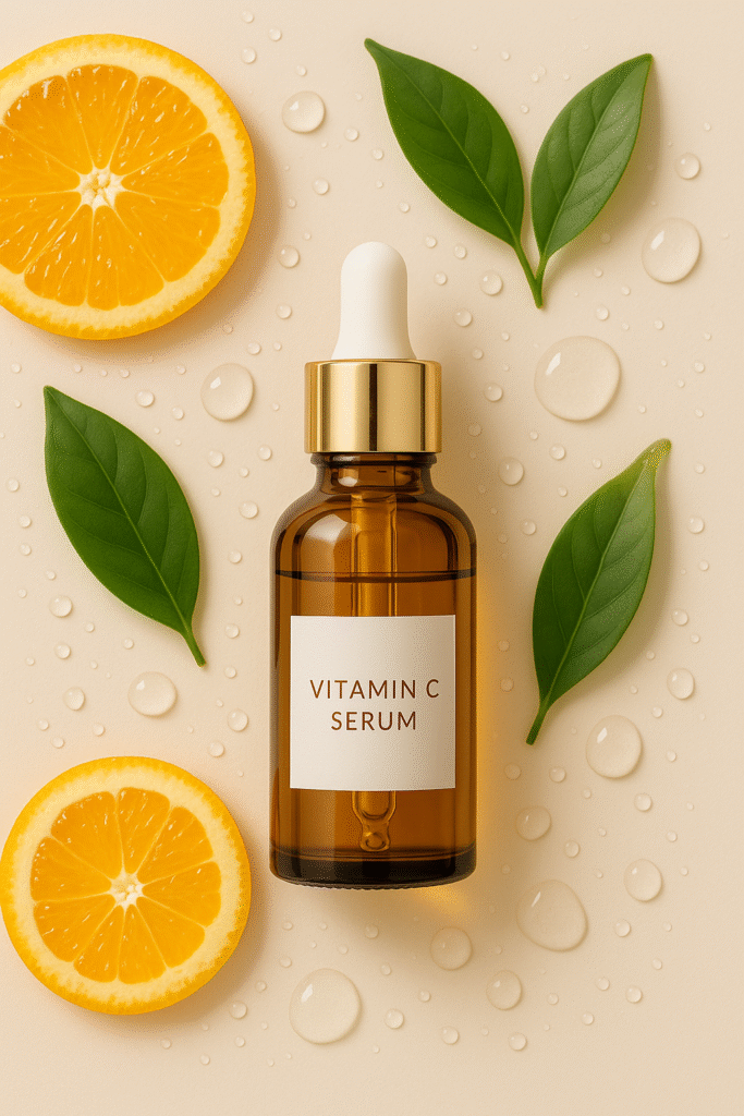 Botella de sérum de vitamina C sobre fondo natural con naranjas y hojas verdes.