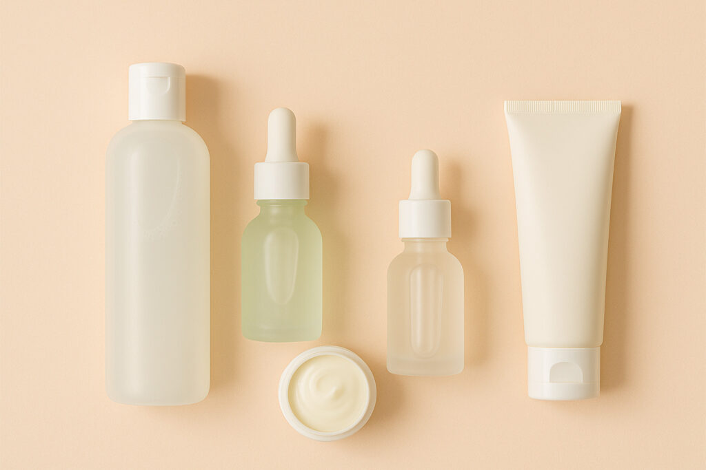 Productos esenciales para comenzar una rutina de skincare desde cero: limpiador, suero, hidratante y protector solar sobre fondo pastel.