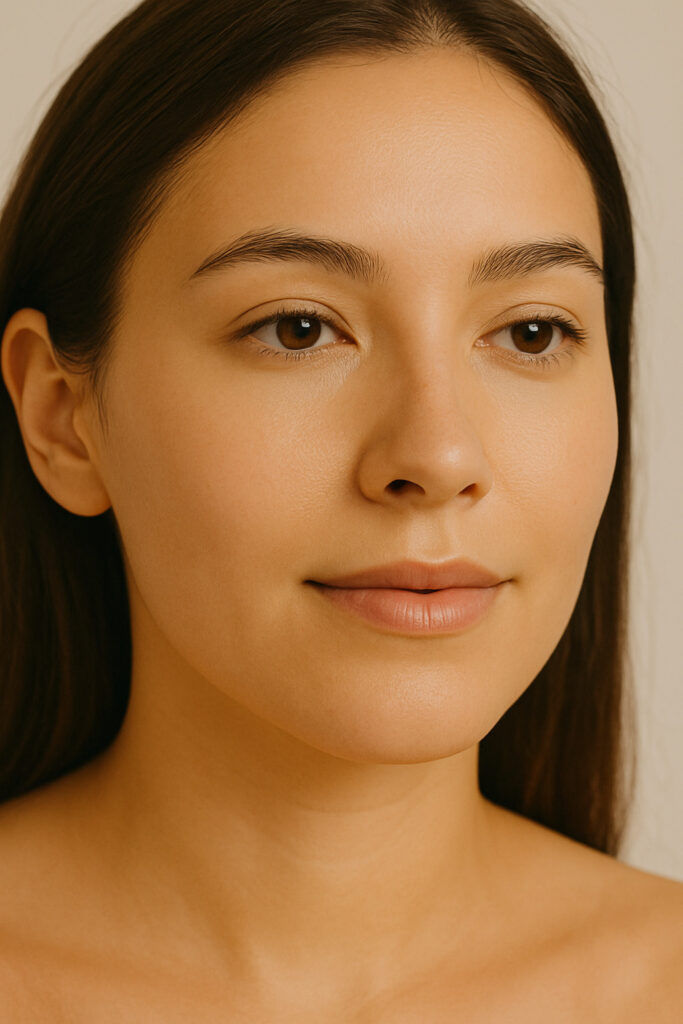 Rostro femenino con piel tersa, sin brillo ni resequedad.