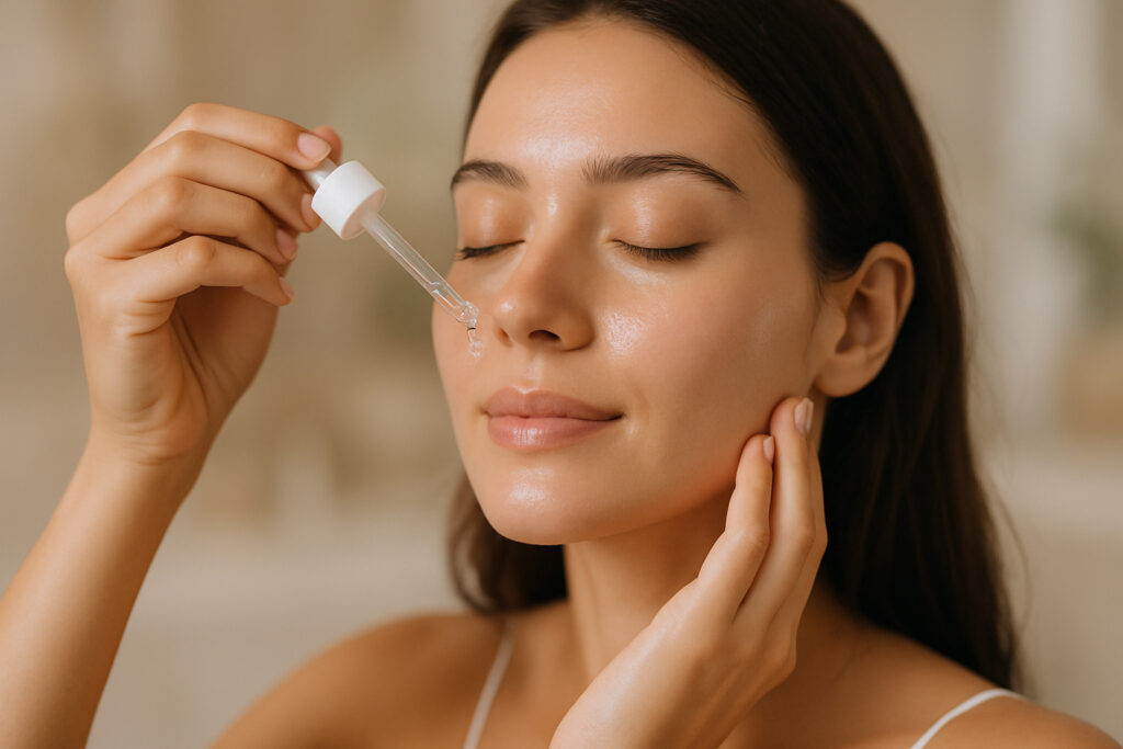 Retinol para Principiantes 1 Mujer joven aplicando serum de retinol en su piel como parte de su rutina de cuidado nocturno para principiantes.