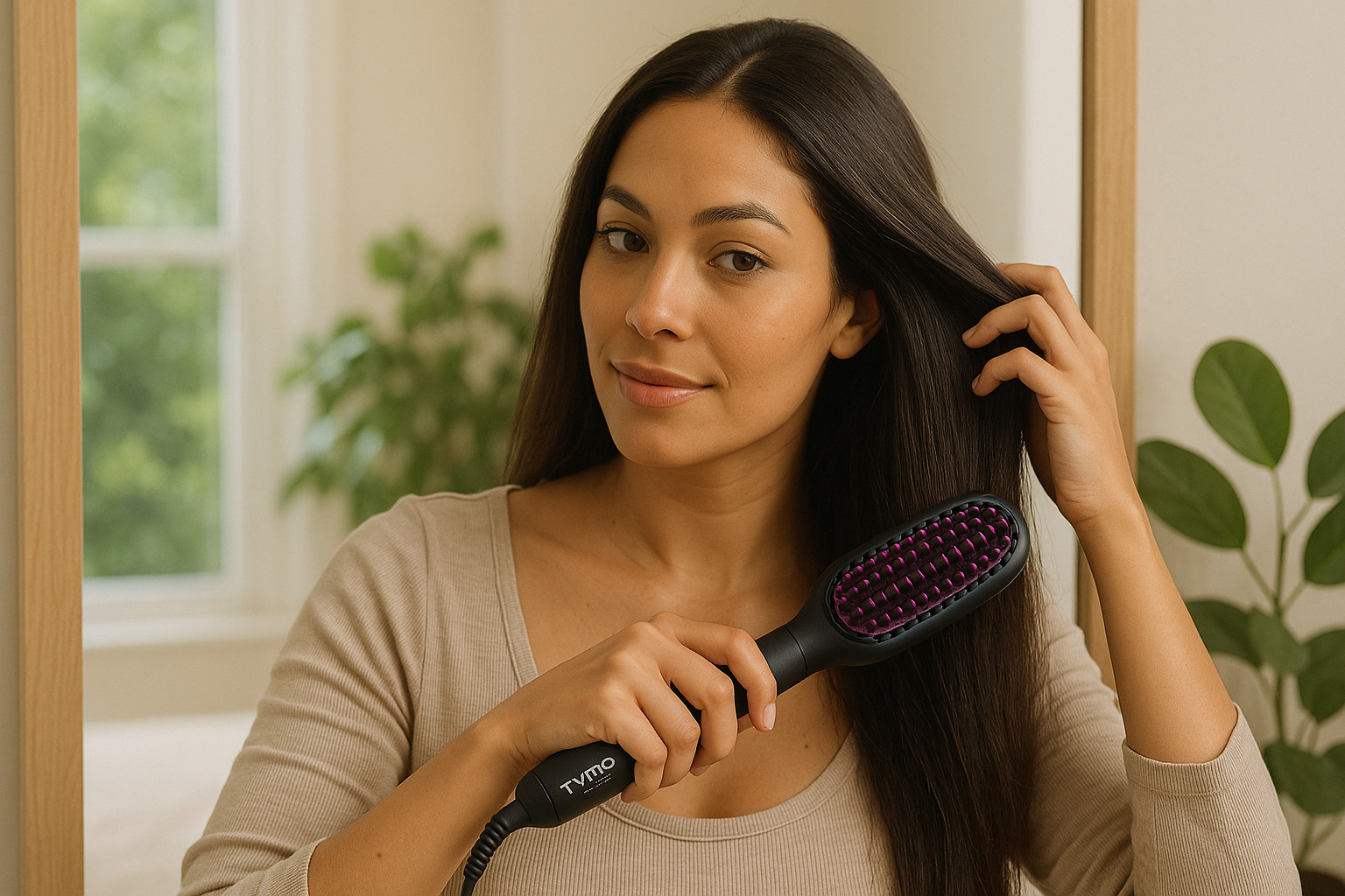 Los 7 Gadgets de Belleza Más Vendidos en Amazon 6 Cepillo alisador Tymo Ring sobre fondo claro con cabello