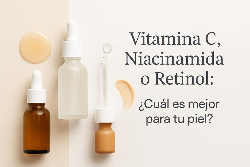 Vitamina C, Niacinamida o Retinol: ¿Cuál es mejor para tu piel? 14 Frascos de vitamina C, niacinamida y retinol sobre fondo claro con el texto “¿Cuál es mejor para tu piel?”