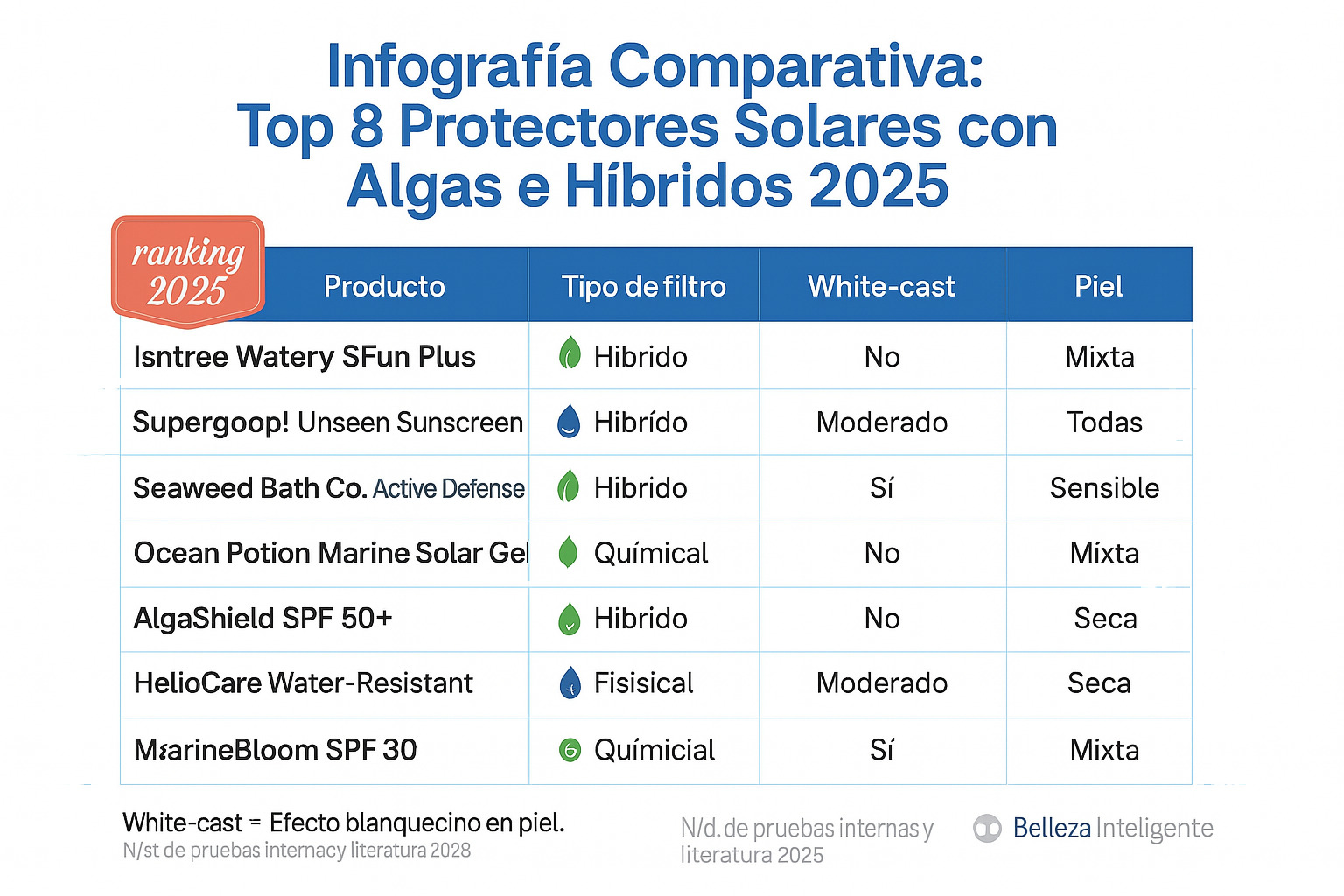 tabla comparativa protectores solares de algas filtros híbridos SPF 50