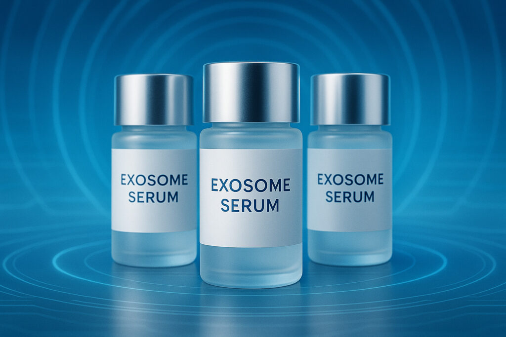 Sérums con Exosomas: Guía Definitiva Anti-edad 2025 1 Frascos de sérum Exosome Serum con fondo azul futurista